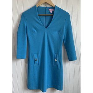 Lilly Pulitzer Dress Womens XXS Ariel Blue Charlena Shift V‎ Neck Mini Ribbed